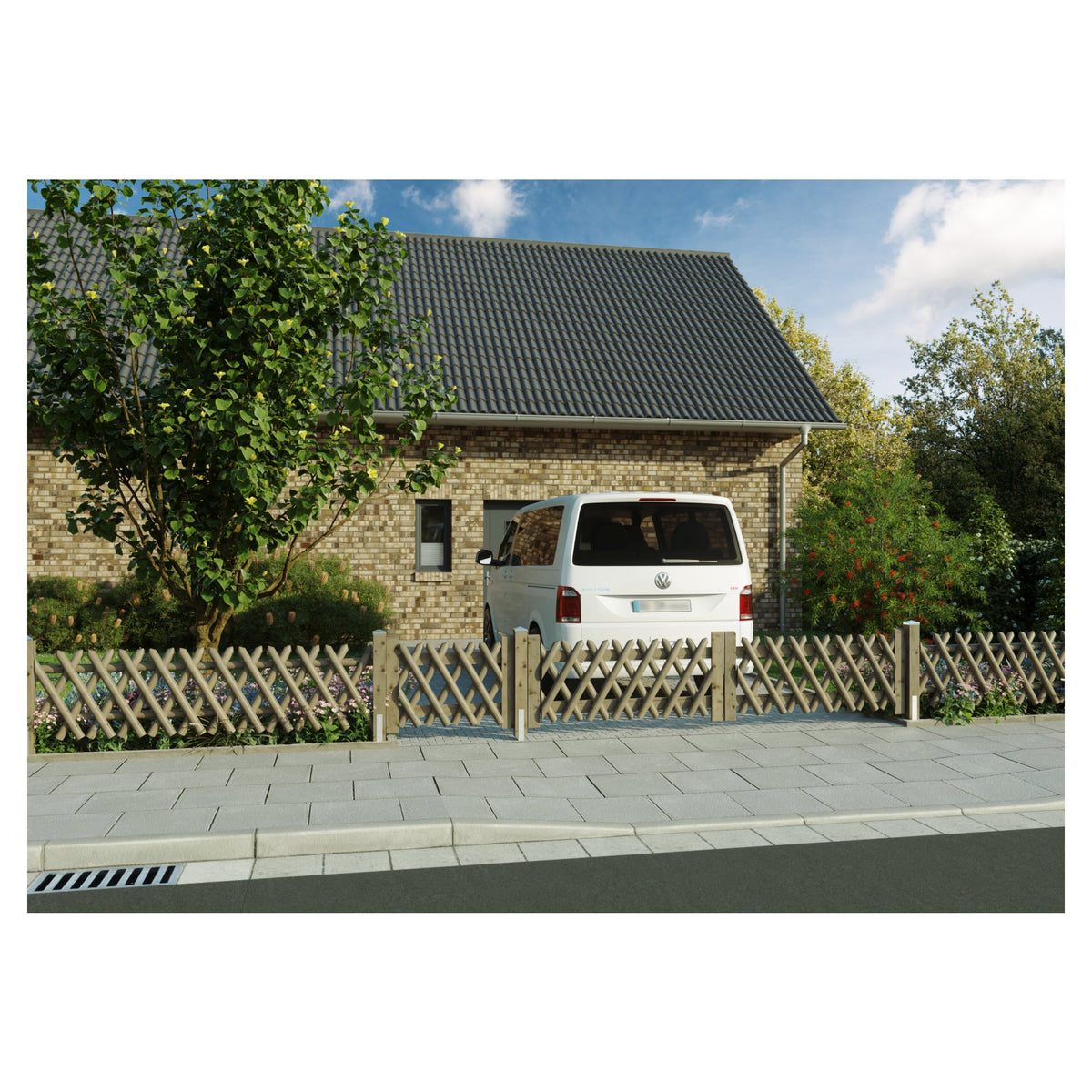 Jägerzaun 250 x 60 cm
Latten 55 mm, kdi braun
ohne Querriegel