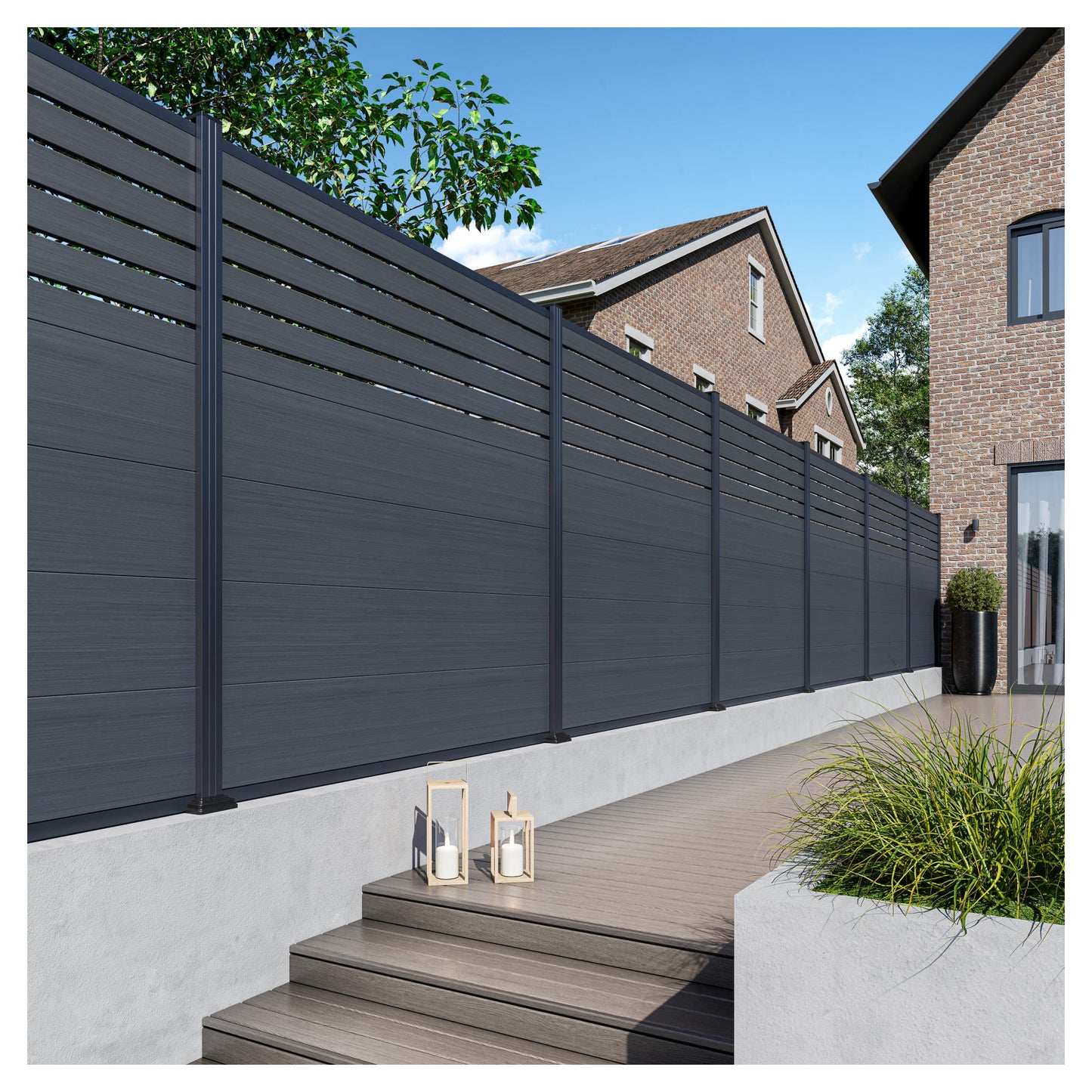 MALCHOW WPC-Steckzaunset 180 x 180 cm, charcoal, coextrudiert inkl. 12 Alu-Abstandhalter und Start-/ Abschlussleiste anthrazit