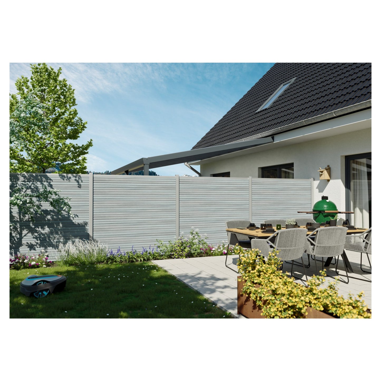 WAREN-Serie, WPC-Steckzaun-Set ca. 175 x 180 cm, SMOKE WHITE, coextrudiert Abschlussleiste und Clips separat in silber oder anthrazit