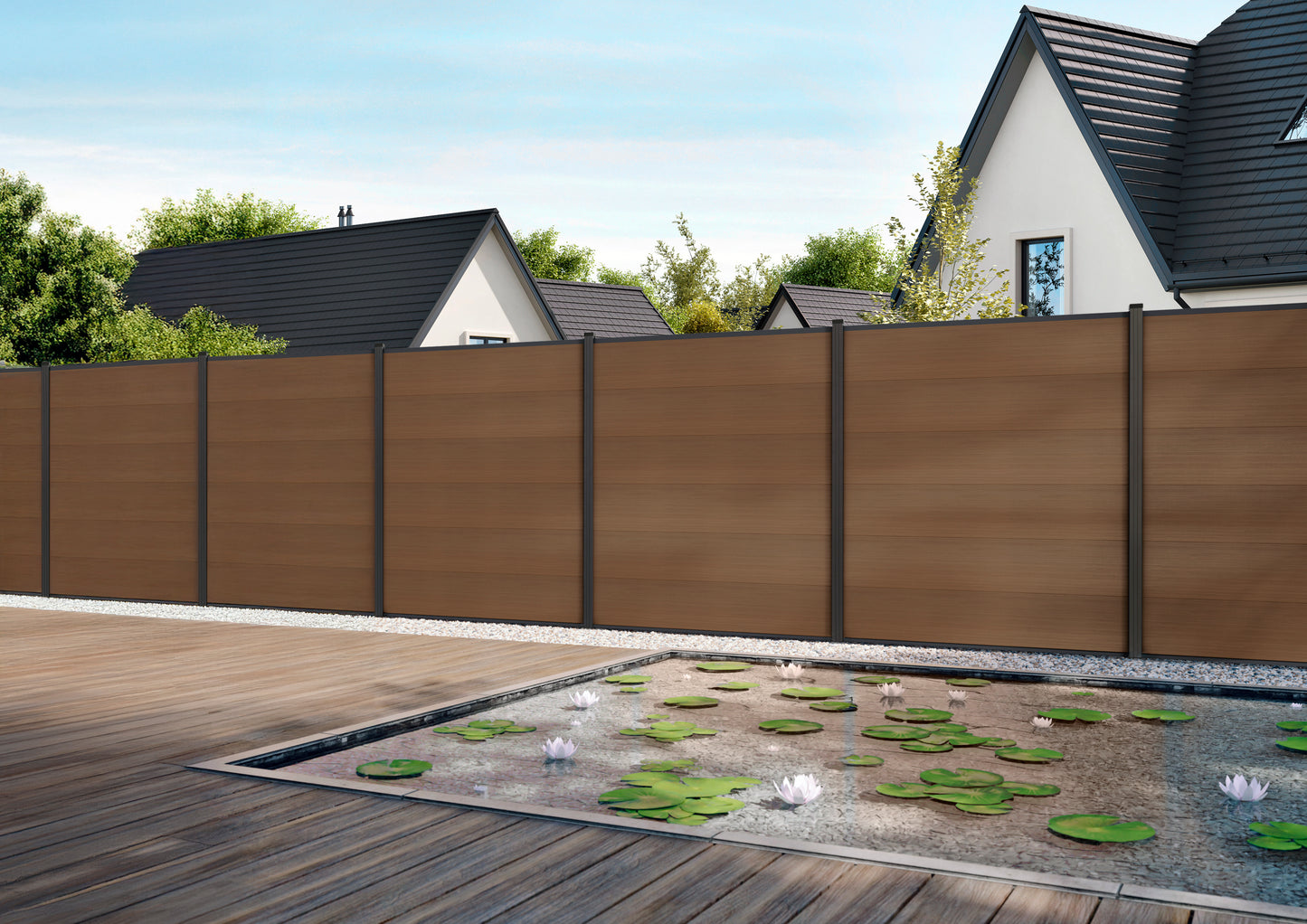 MAX-XL WPC-Steckzaunset 175 x 168 cm; coextrudiert Farbe TEAK Abschlussleiste und Clips separat in silber oder anthrazit