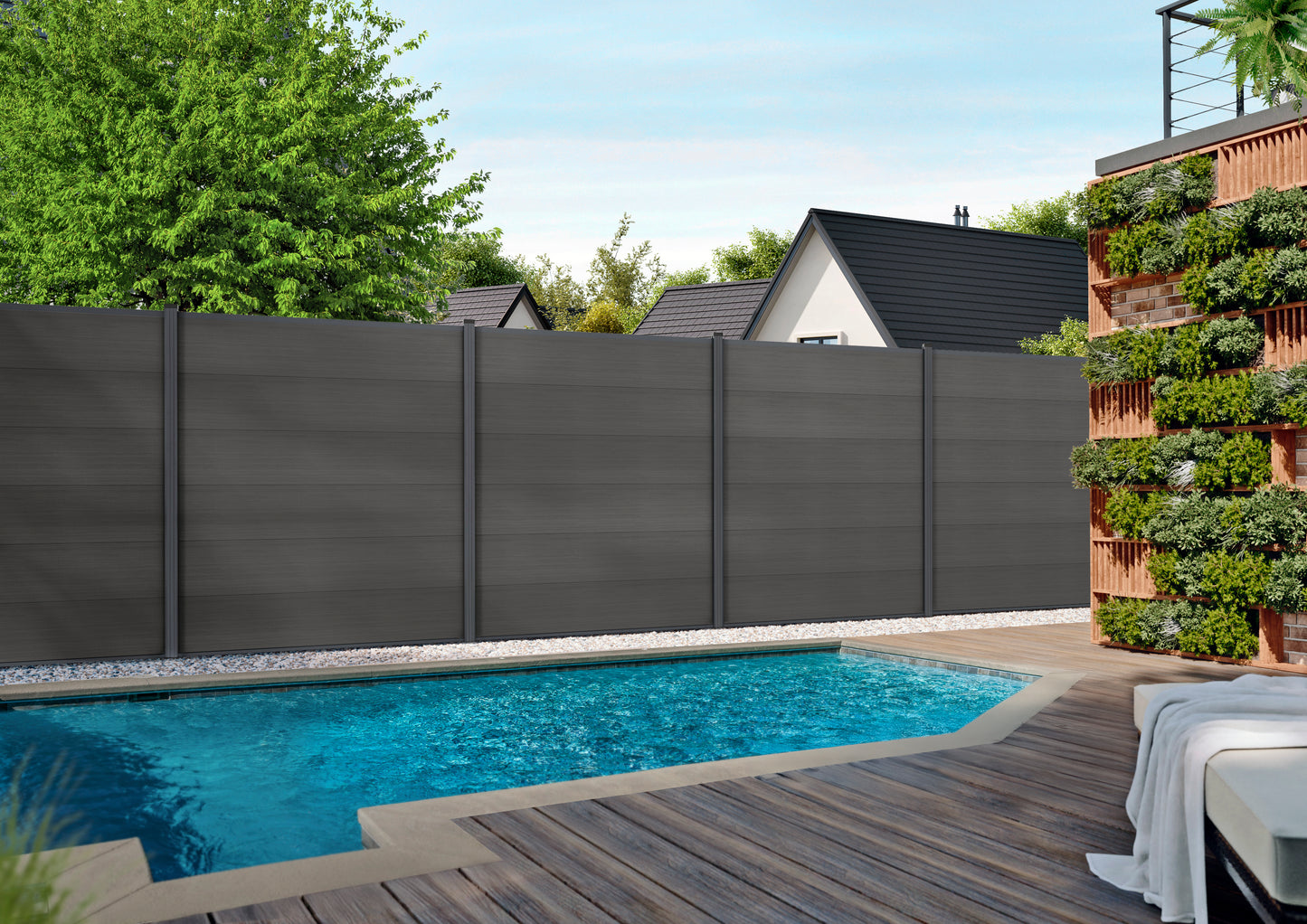 MAX-XL WPC-Steckzaunset 175 x 168 cm; coextrudiert Farbe CHARCOAL Abschlussleiste und Clips separat in silber oder anthrazit