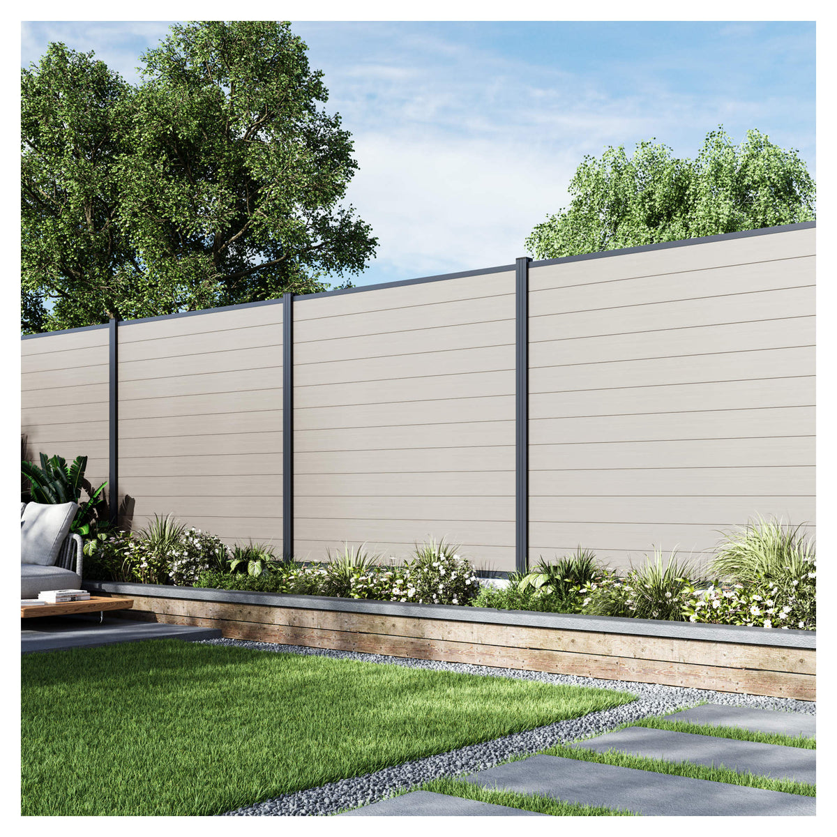 MAX WPC-Steckzaunset 175 x 168 cm; coextrudiert Farbe beige Abschlussleiste und Clips separat in silber oder anthrazit