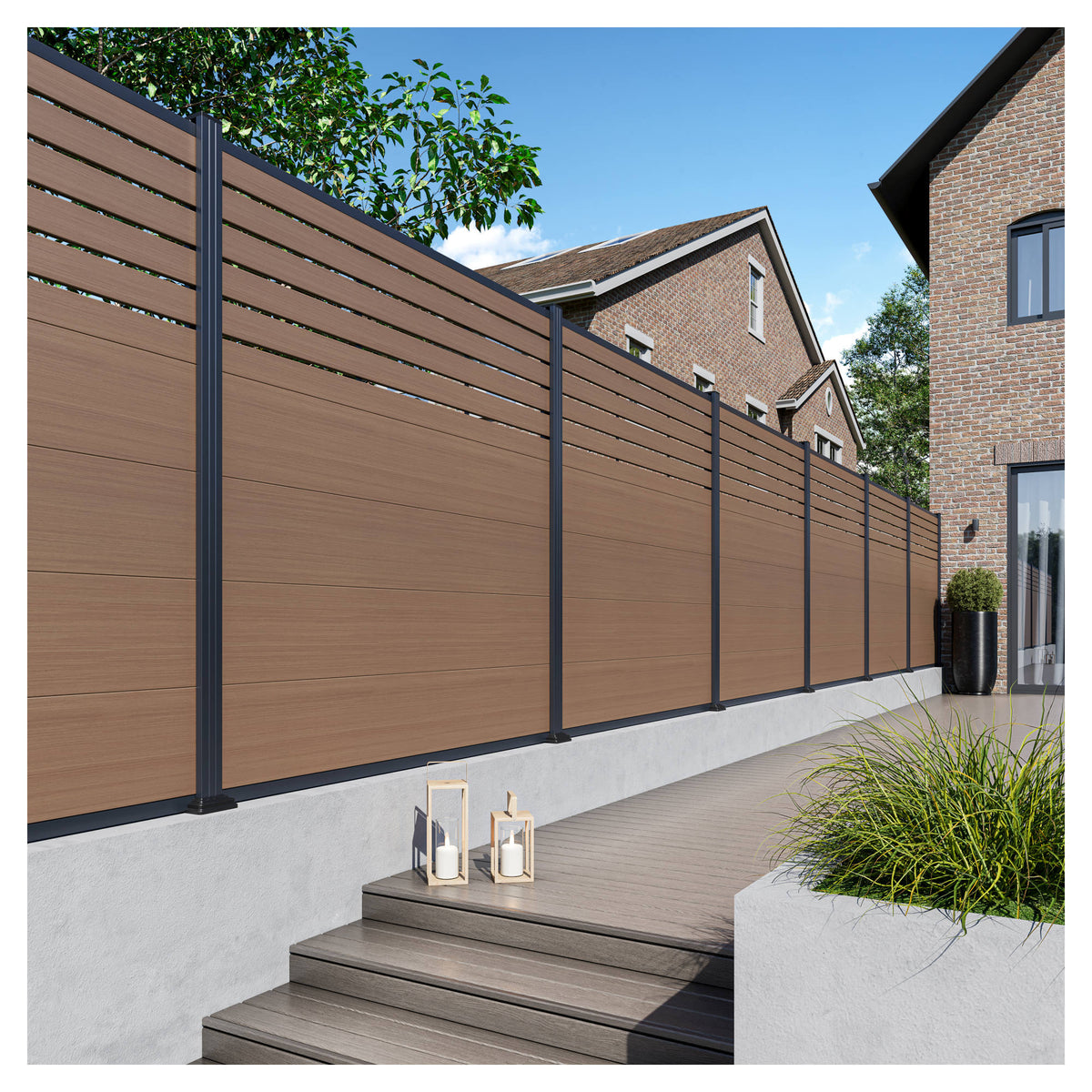 MALCHOW WPC-Steckzaunset 180 x 180 cm, teak, coextrudiert inkl. 12 Alu-Abstandhalter und Start-/ Abschlussleiste anthrazit