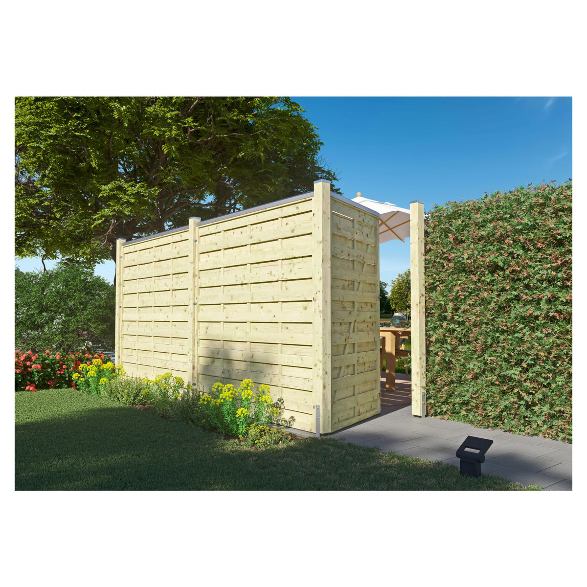 Maxi-Massiv-Zaun 100 x 150 cm
Rahmen 45/45 mm, kdi grün
Lamellen geriffelt & geschraubt