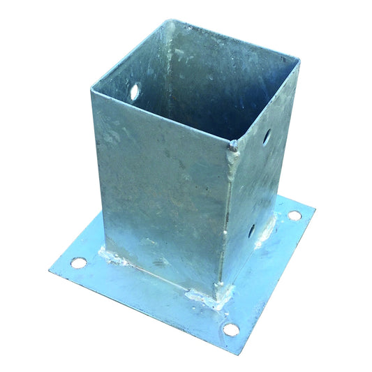 Pfostenträger zum Aufschrauben  15 x 15 x 15 cm
feuerverzinkt, für Pfosten 9 x 9 cm
mit rechteckiger Grundplatte