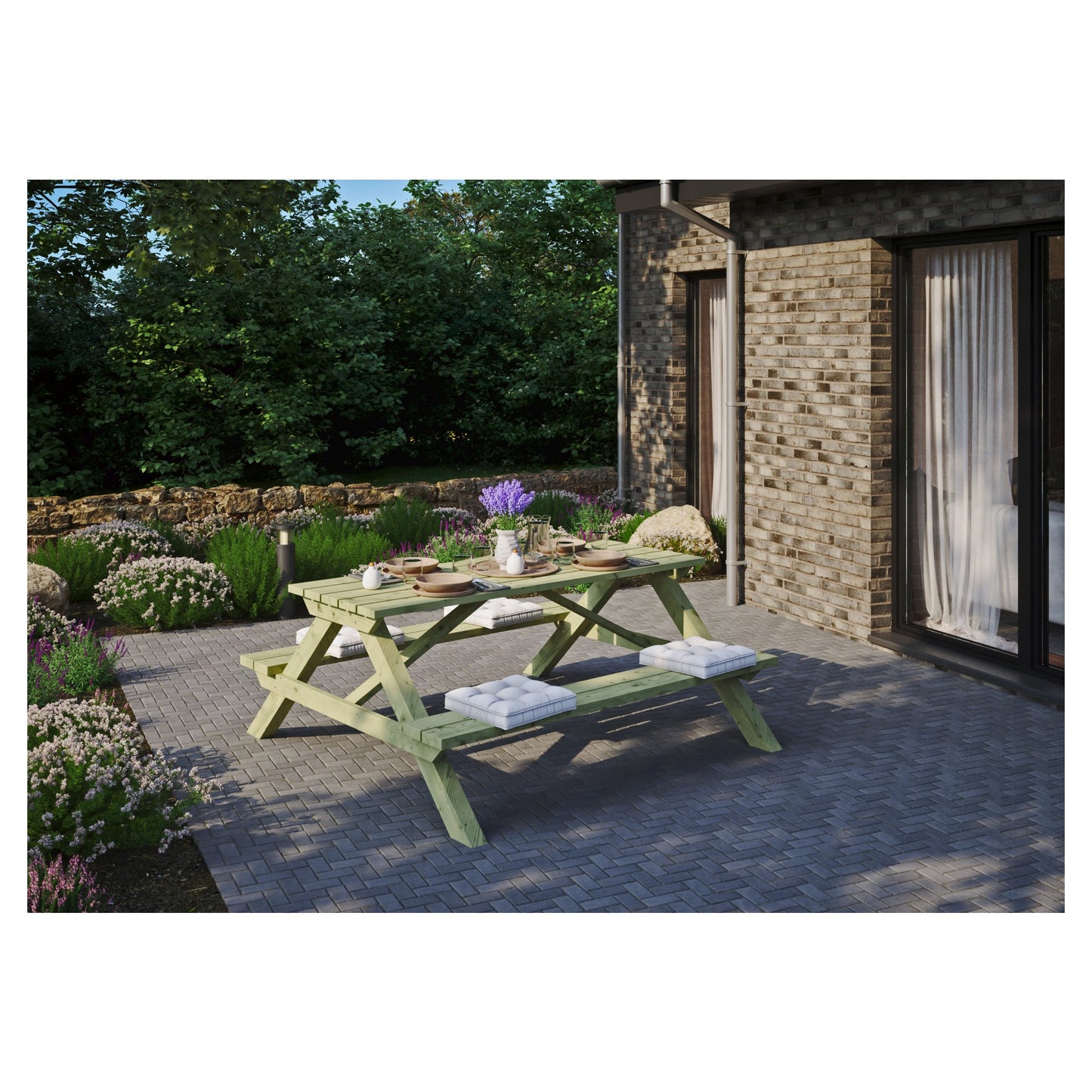 ELLA Picknicktisch rechteckig
B 180 x T 170 x H 75 cm, kdi-grün
Sitzbohlen 40 mm stark, Tischbohlen ca. 30 x 120 mm stark