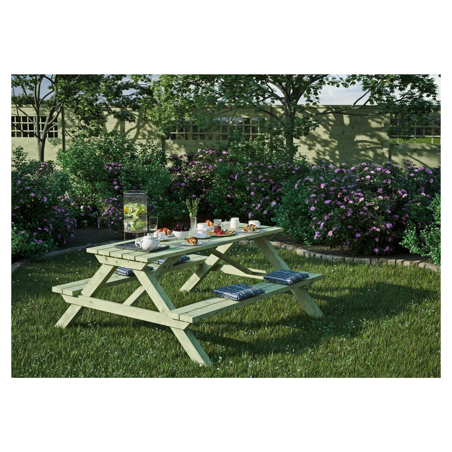 ELLA Picknicktisch rechteckig
B 180 x T 170 x H 75 cm, kdi-grün
Sitzbohlen 40 mm stark, Tischbohlen ca. 30 x 120 mm stark