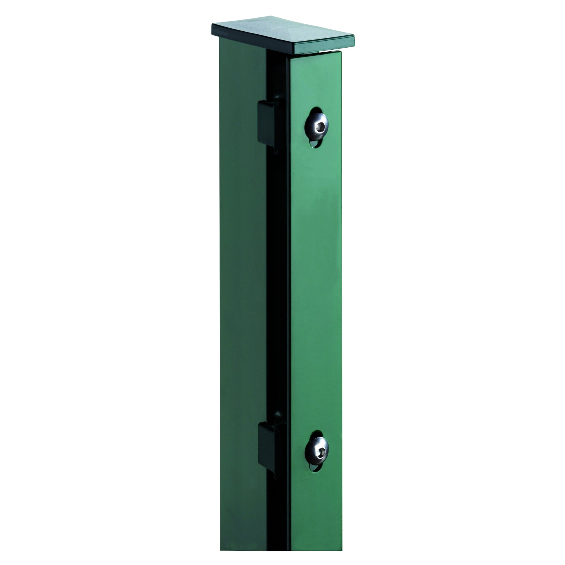 JERRY Eck-Zaunpfosten RAL 6005 grün
für 2030 mm Zaun, RR60/40 x 2600 mm
mit Flacheisenleiste