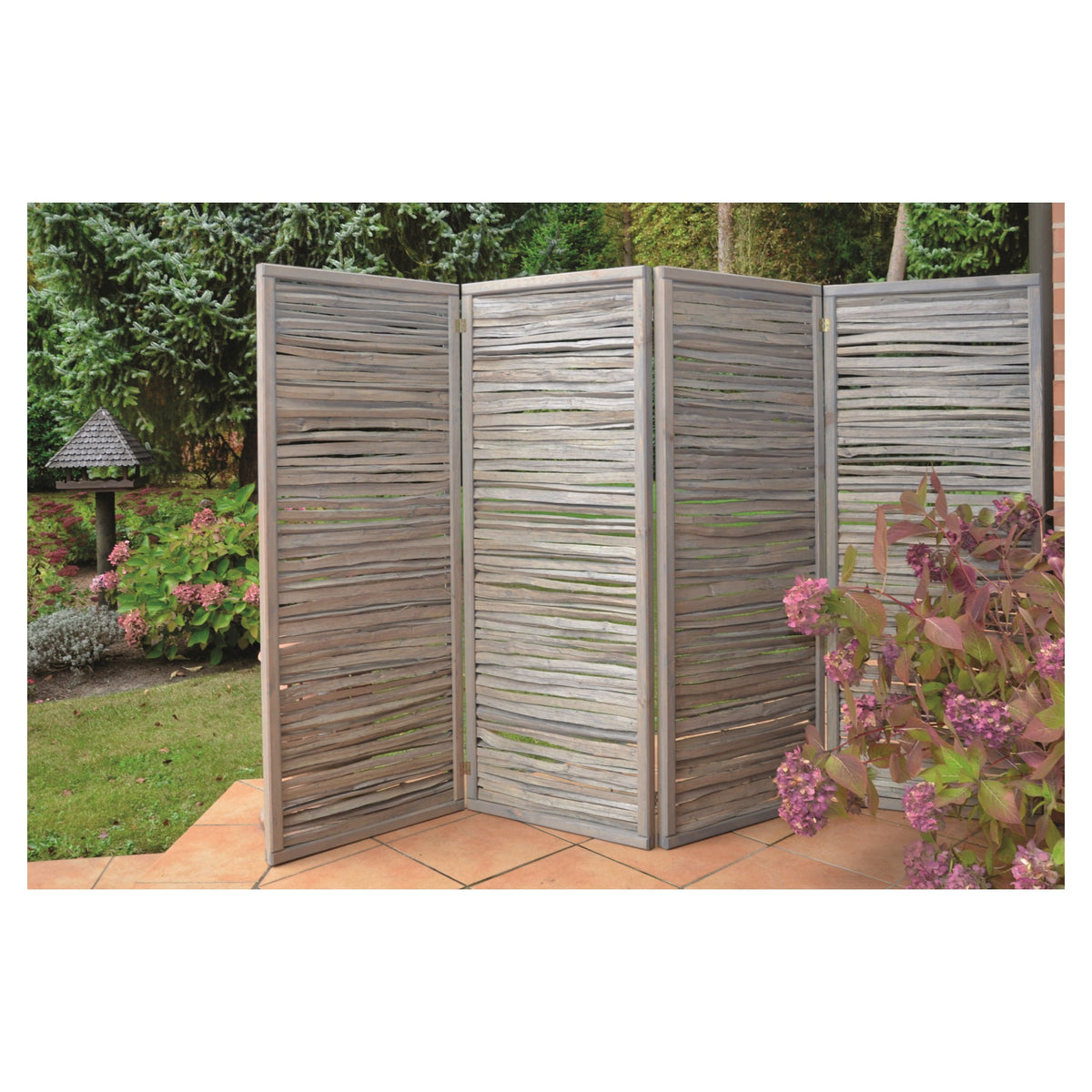ESMERALDA Paravent
4teilig B 240 x H 160 cm, montiert
Haselnuss gespalten, grau lasiert