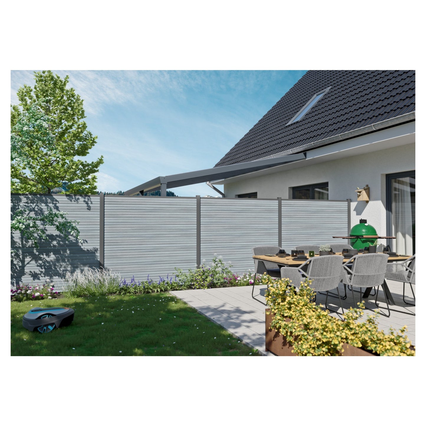 WAREN-Serie, WPC-Steckzaun-Set ca. 175 x 180 cm, SMOKE WHITE, coextrudiert Abschlussleiste und Clips separat in silber oder anthrazit
