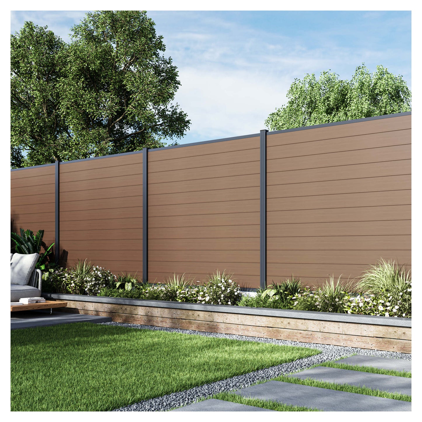 MAX WPC-Steckzaunset 175 x 168 cm; coextrudiert Farbe TEAK Abschlussleiste und Clips separat in silber oder anthrazit