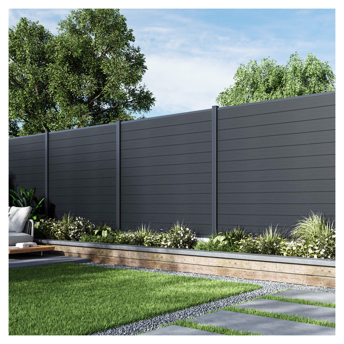 MAX WPC-Steckzaunset 175 x 168 cm; coextrudiert Farbe CHARCOAL Abschlussleiste und Clips separat in silber oder anthrazit