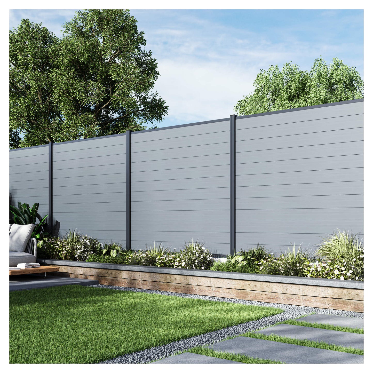 MAX WPC-Steckzaunset 175 x 168 cm; coextrudiert Farbe SMOKE WHITE Abschlussleiste und Clips separat in silber oder anthrazit