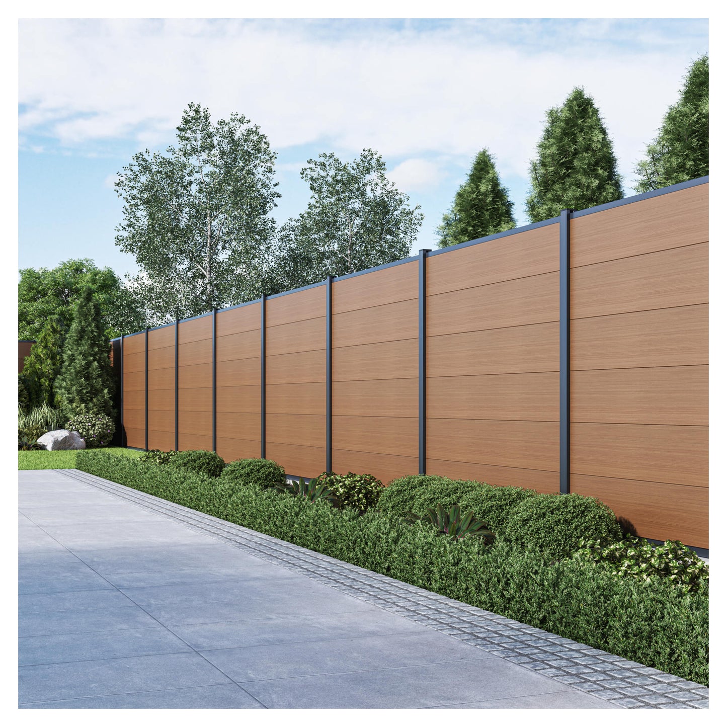 MAX-XL WPC-Steckzaunset 175 x 168 cm; coextrudiert Farbe TEAK Abschlussleiste und Clips separat in silber oder anthrazit