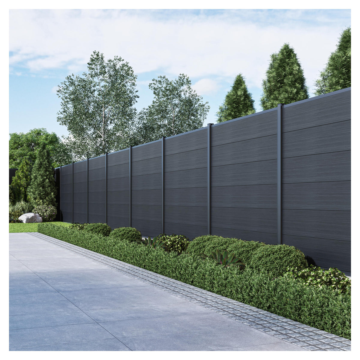 MAX-XL WPC-Steckzaunset 175 x 168 cm; coextrudiert Farbe CHARCOAL Abschlussleiste und Clips separat in silber oder anthrazit