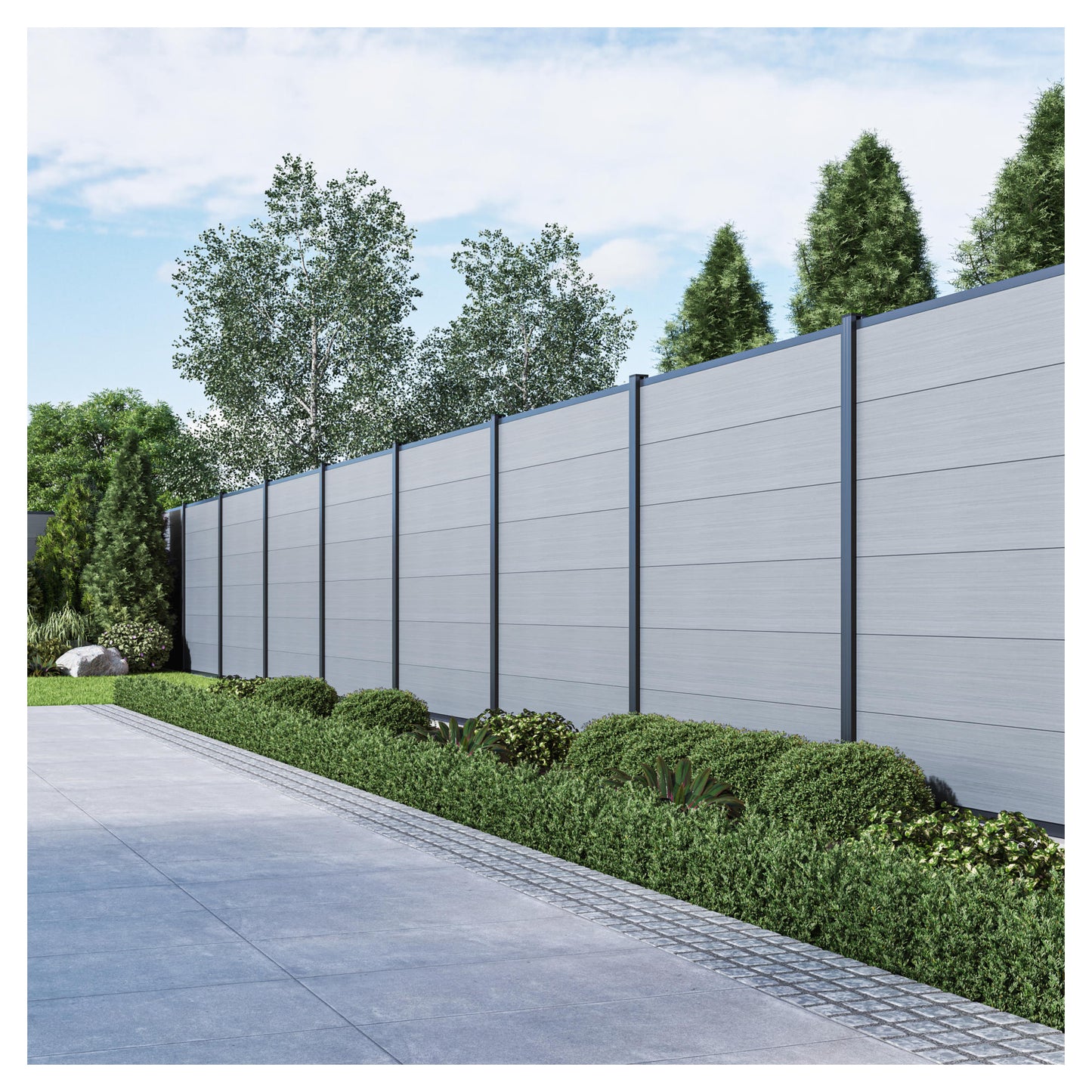 MAX-XL WPC-Steckzaunset 175 x 168 cm; coextrudiert Farbe SMOKE WHITE Abschlussleiste und Clips separat in silber oder anthrazit
