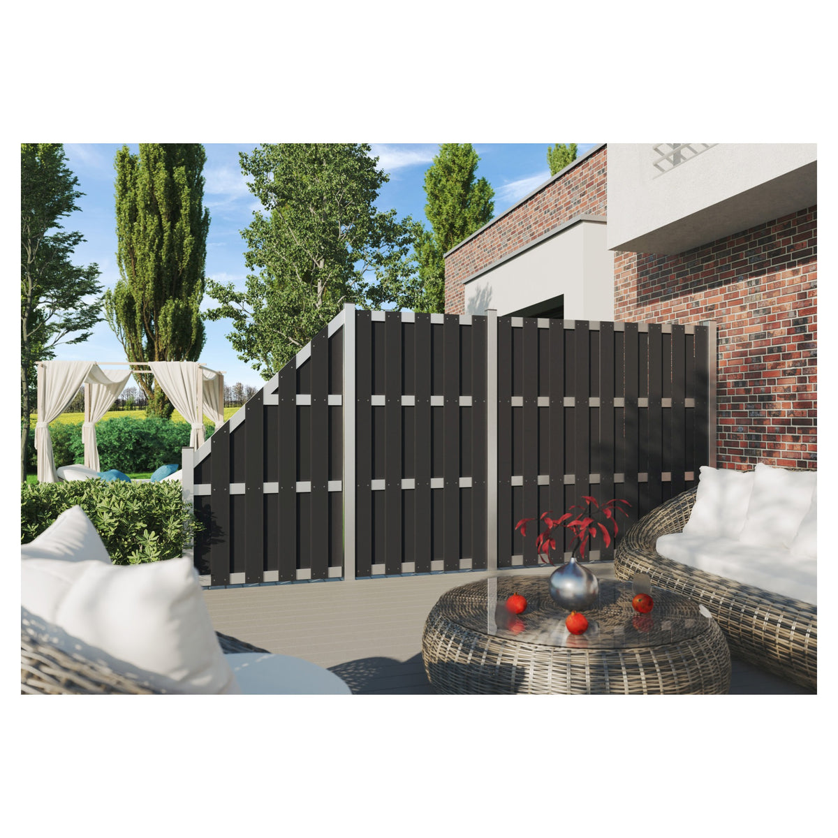 ELDENA-Serie ANTHRAZIT
180 x 180 cm, WPC-Bretterzaun
4 Querriegel ALU hell eloxiert