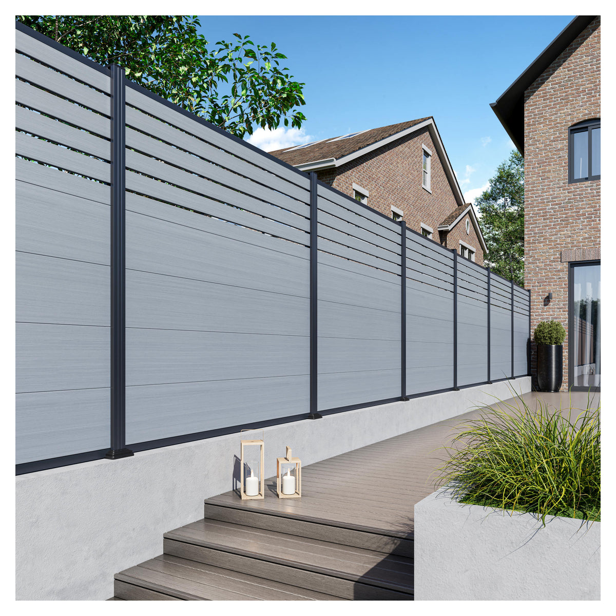 MALCHOW WPC-Steckzaunset 180 x 180 cm, smoke white, coextrudiert inkl. 12 Alu-Abstandhalter und Start-/ Abschlussleiste anthrazit
